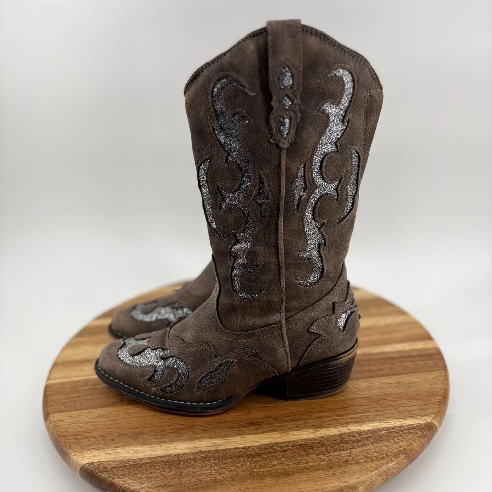 Jessica Cline Lansing Girls Brown Glitter Western Cowboy Boots Size 5M